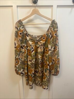 Floral Long-Sleeve Peasant Dress in Olive, Mustard & Cream